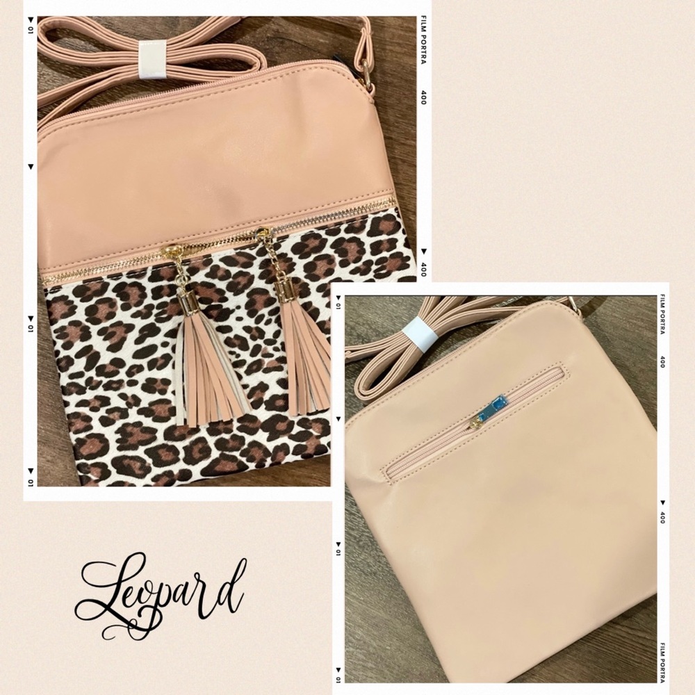 Leopard print cross body purses 9”x9”. Has a blush undertone.